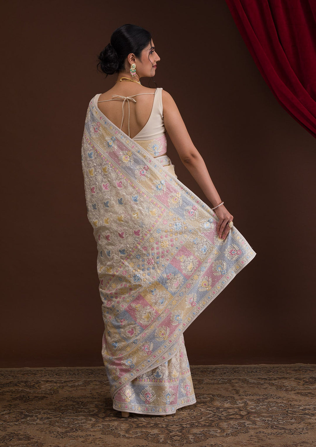 Cream Threadwork Georgette Designer Saree-Koskii