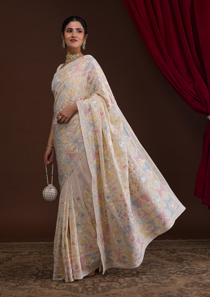 Cream Threadwork Georgette Designer Saree-Koskii