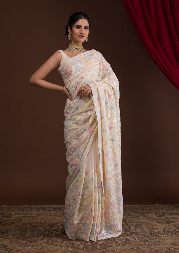 Cream Threadwork Georgette Designer Saree-Koskii