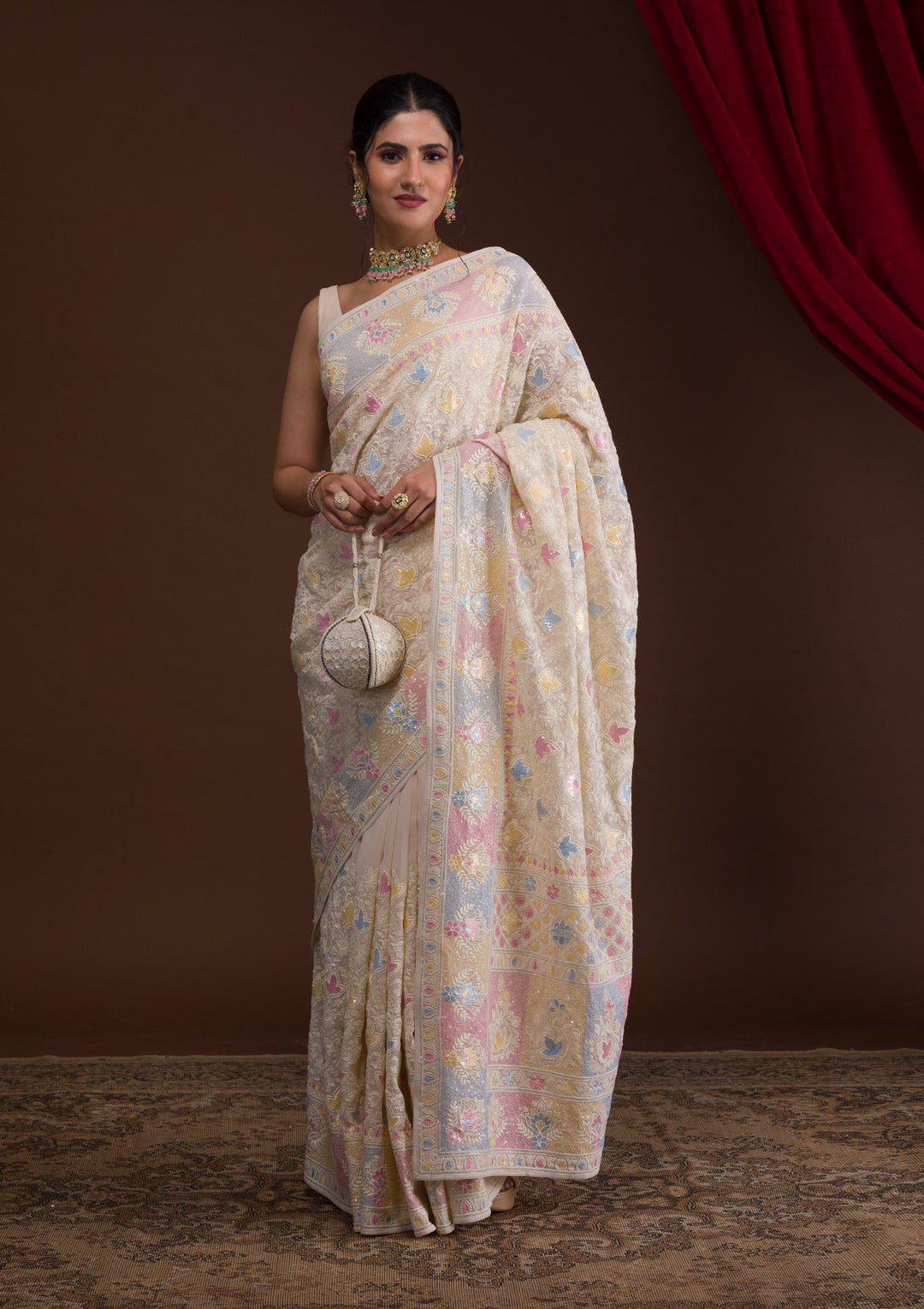 Cream Threadwork Georgette Designer Saree-Koskii