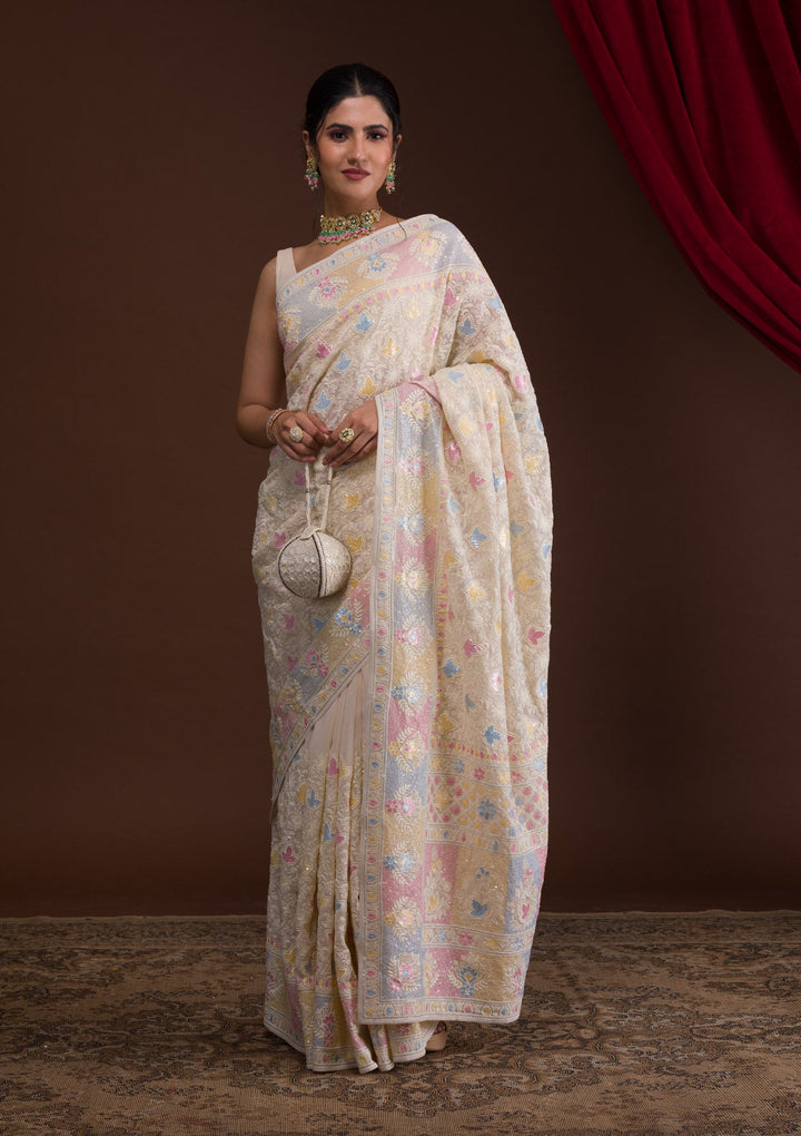 Cream Threadwork Georgette Designer Saree-Koskii