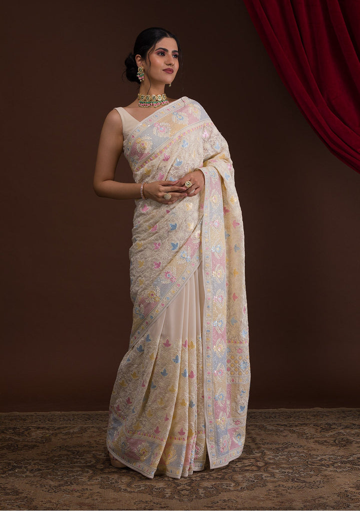 Cream Threadwork Georgette Designer Saree-Koskii