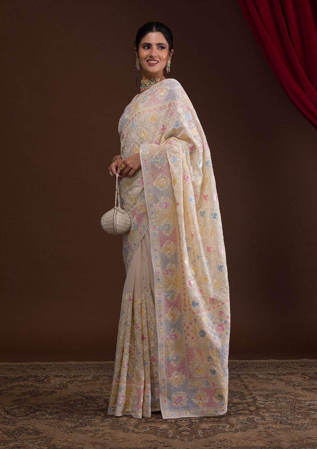 Cream Threadwork Georgette Designer Saree-Koskii