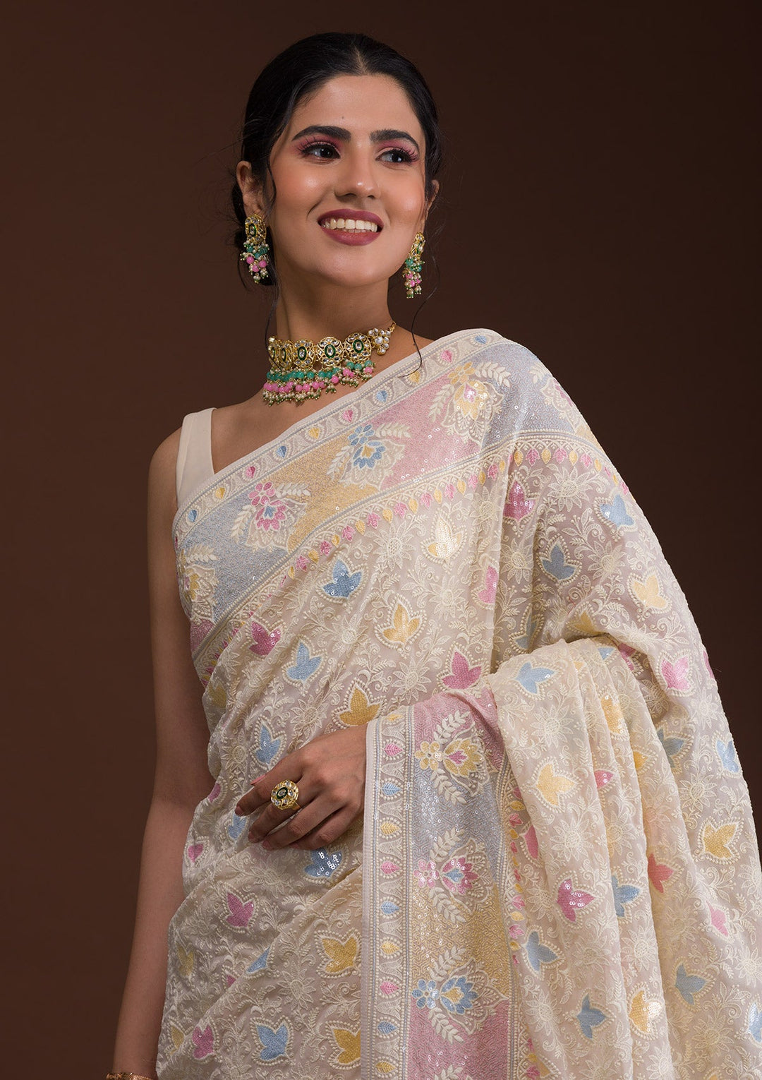 Cream Threadwork Georgette Designer Saree-Koskii