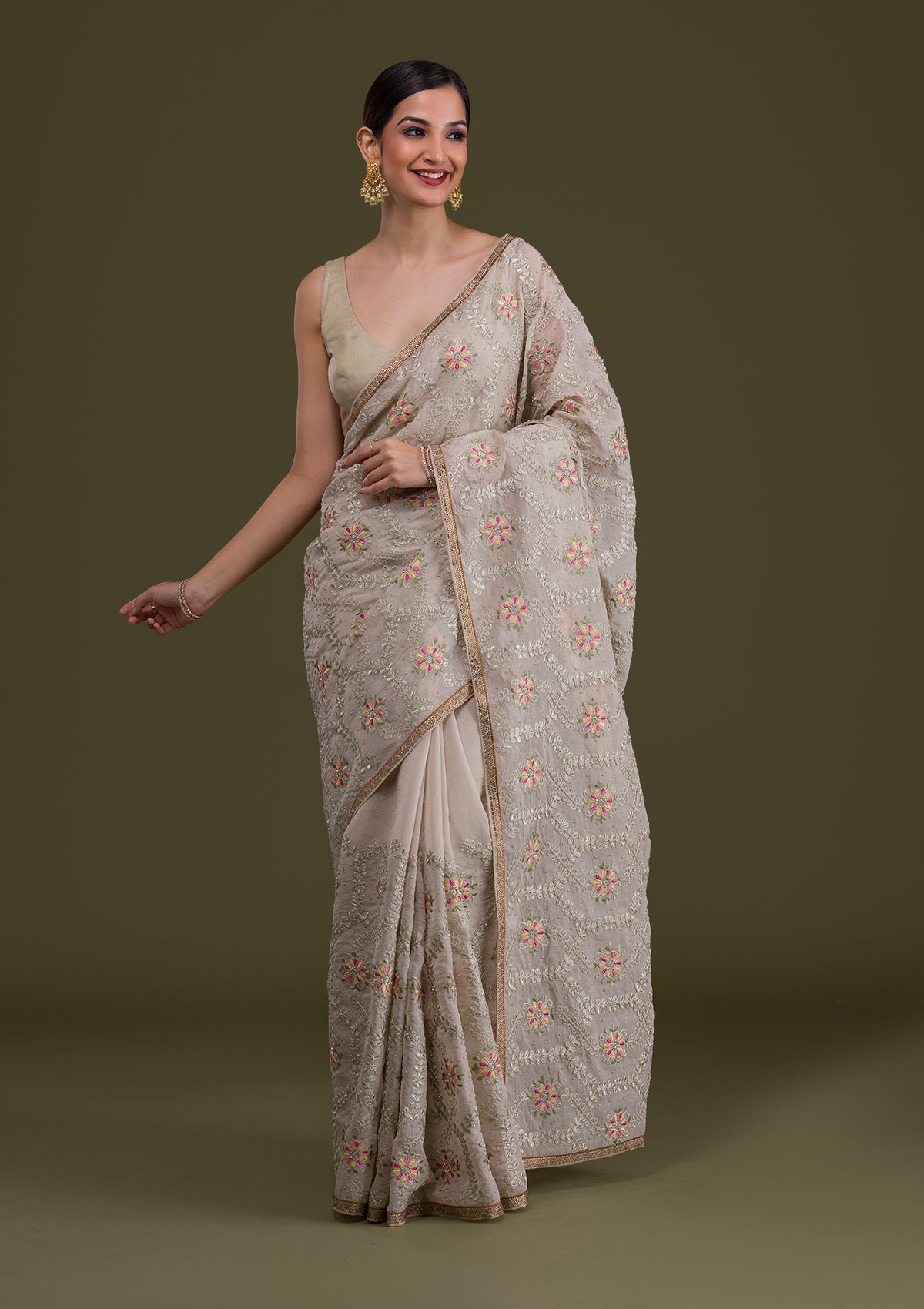 Cream Threadwork Georgette Saree-Koskii