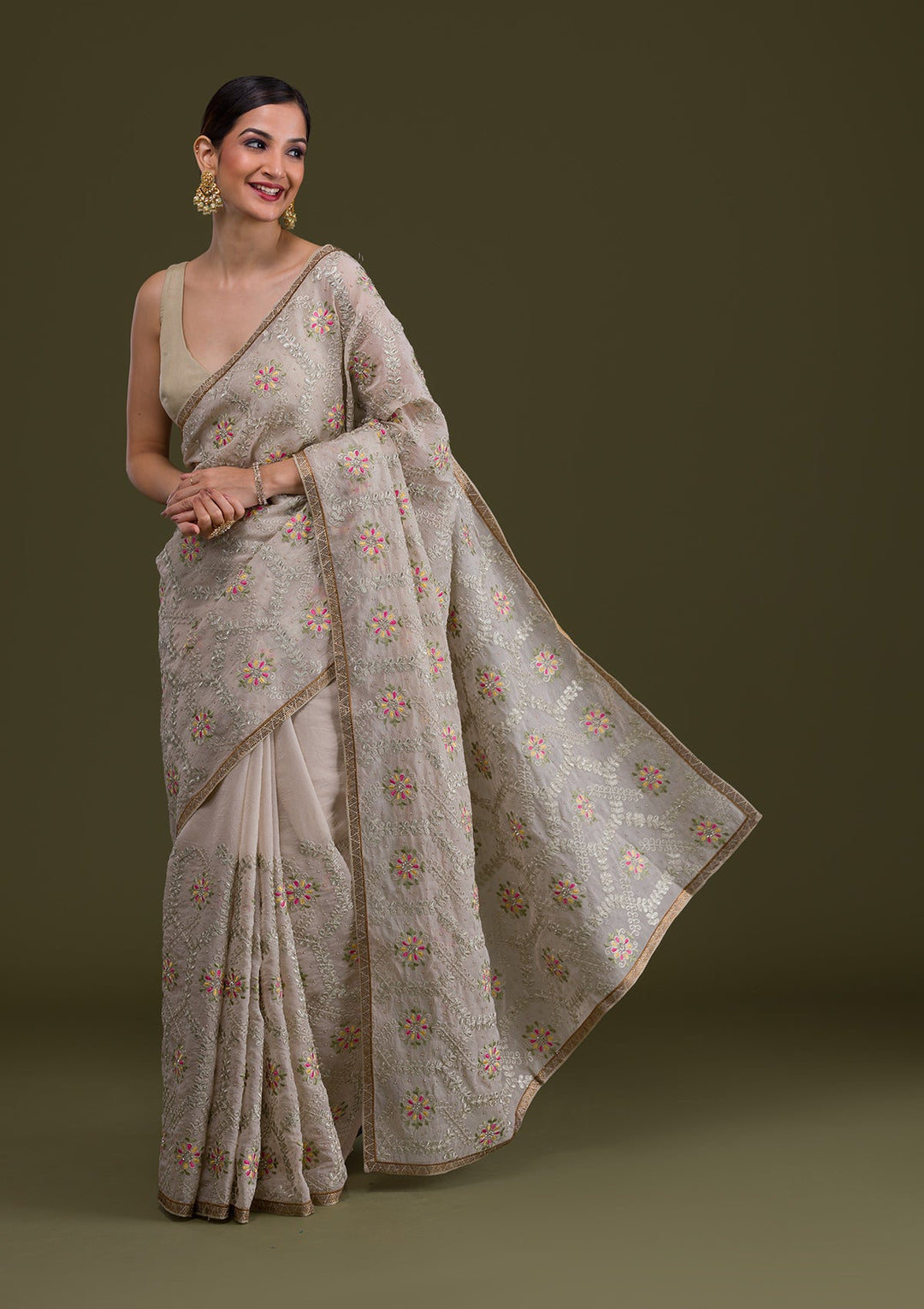 Cream Threadwork Georgette Saree-Koskii