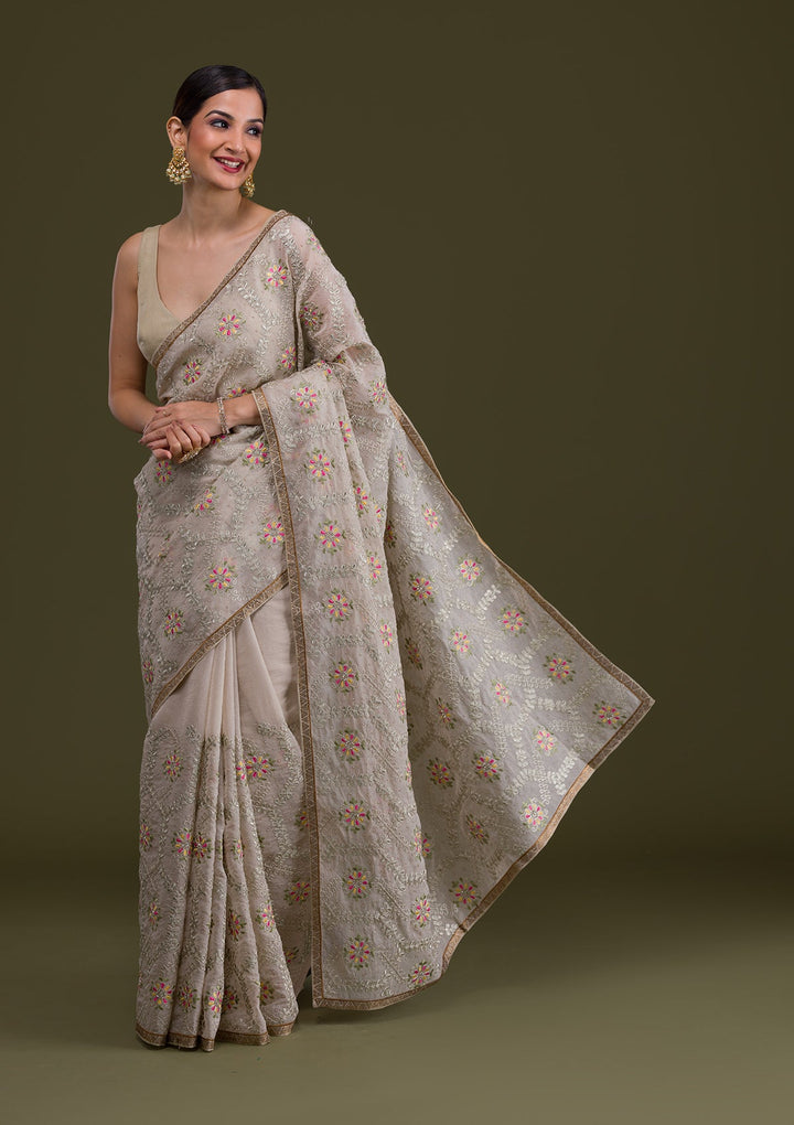 Cream Threadwork Georgette Saree-Koskii