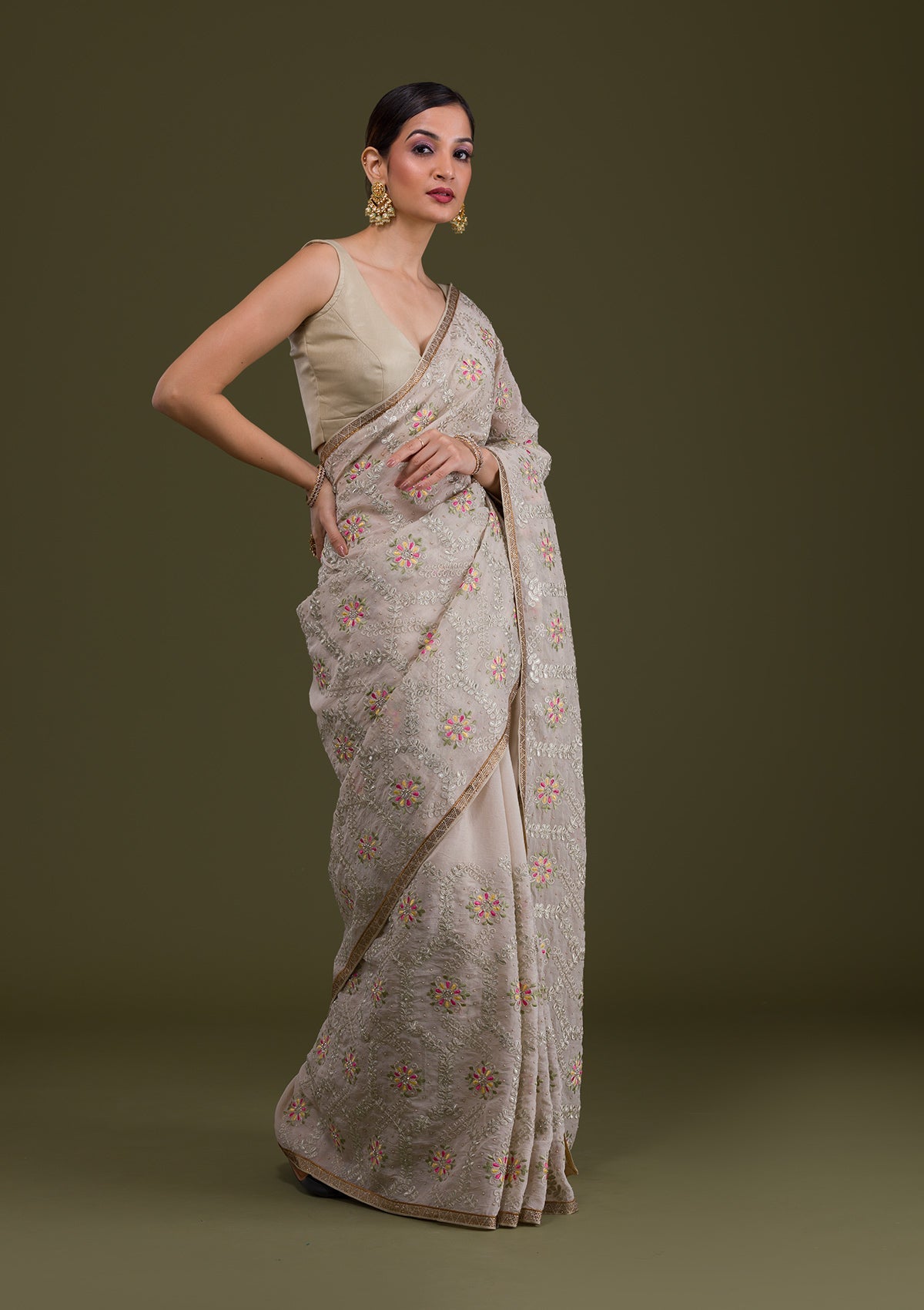 Cream Threadwork Georgette Saree-Koskii