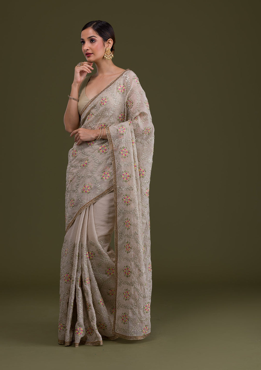 Cream Threadwork Georgette Saree-Koskii
