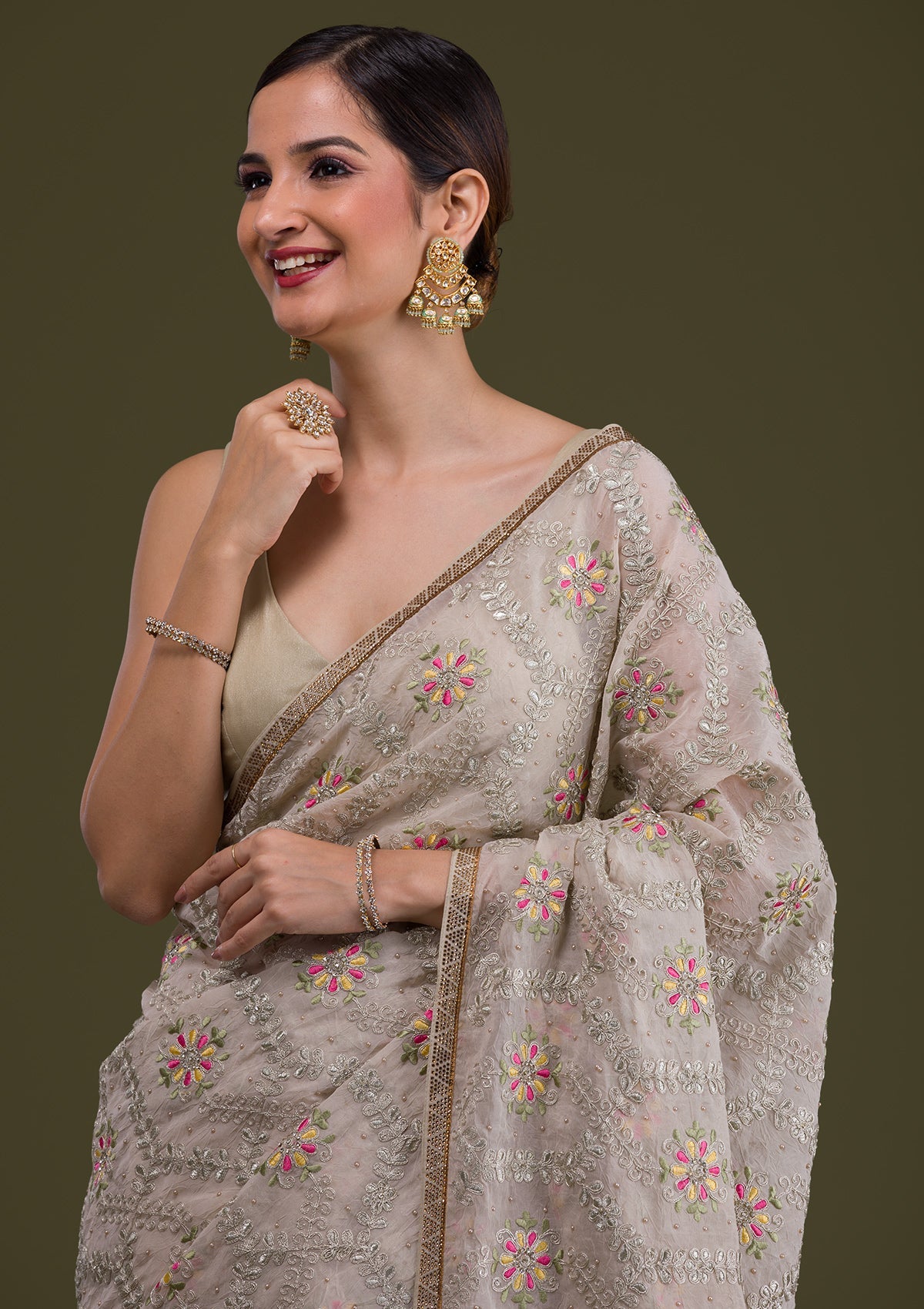 Cream Threadwork Georgette Saree-Koskii