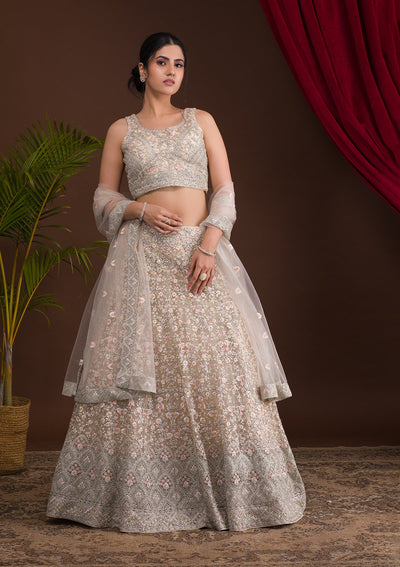 Cream Threadwork Net Designer Lehenga-Koskii
