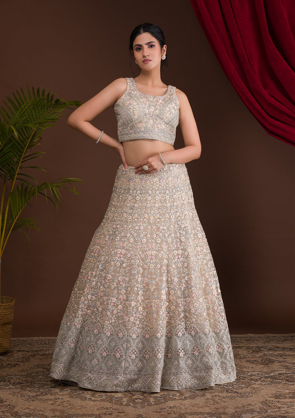 Cream Threadwork Net Readymade Lehenga-Koskii