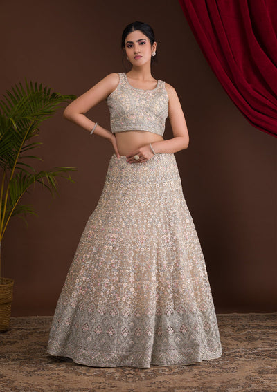 Cream Threadwork Net Readymade Lehenga-Koskii