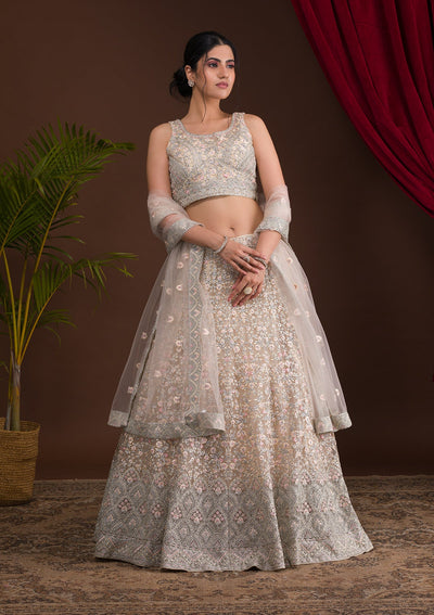Cream Threadwork Net Readymade Lehenga-Koskii