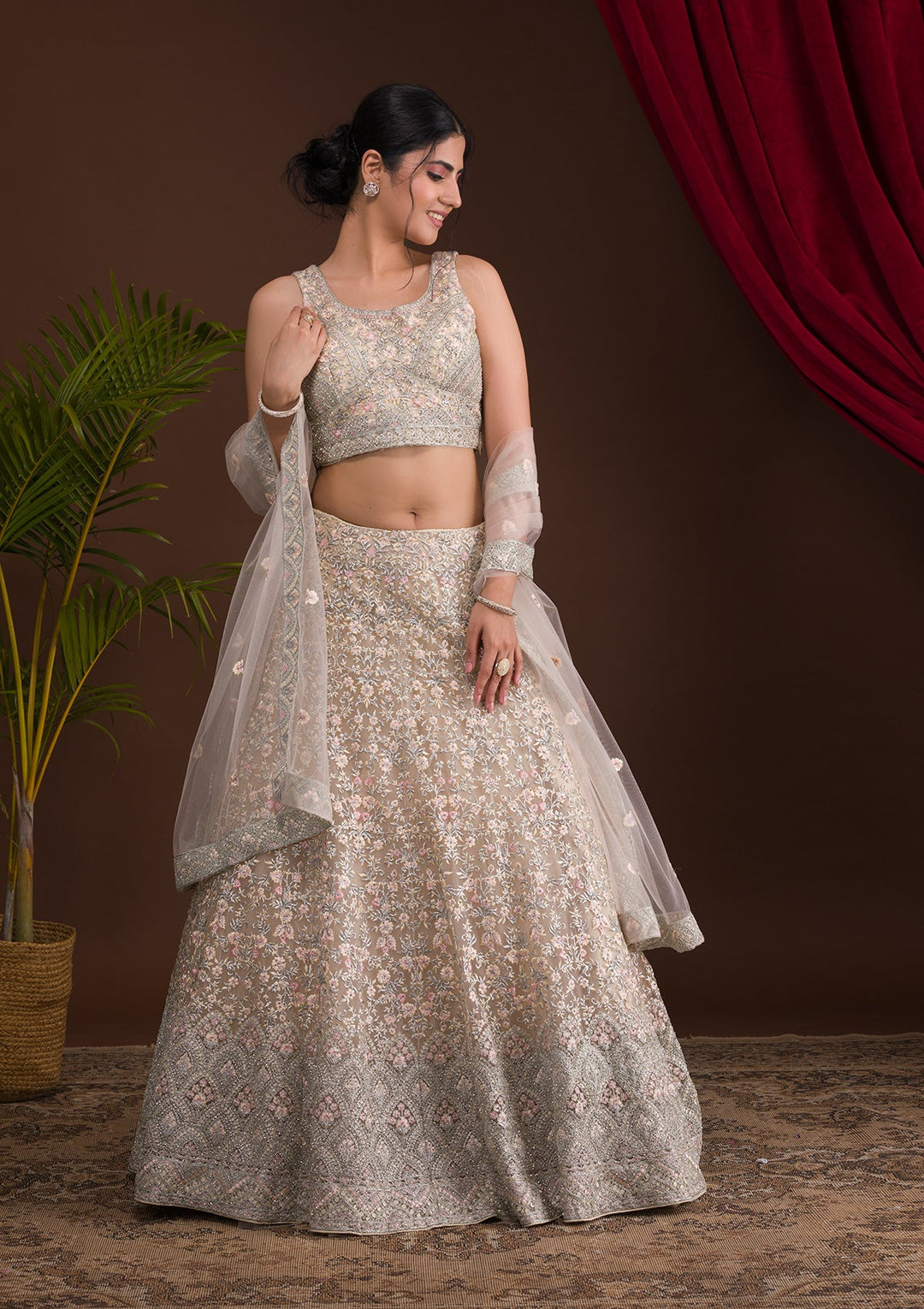 Cream Threadwork Net Readymade Lehenga-Koskii
