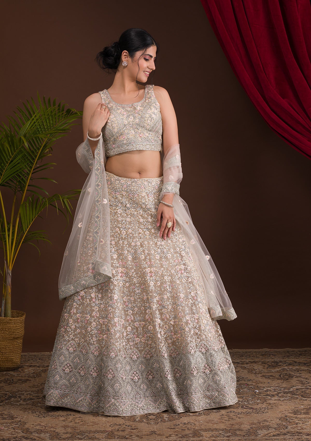 Cream Threadwork Net Readymade Lehenga-Koskii
