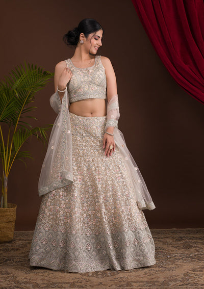 Cream Threadwork Net Readymade Lehenga-Koskii