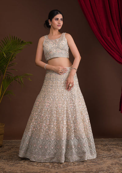 Cream Threadwork Net Readymade Lehenga-Koskii