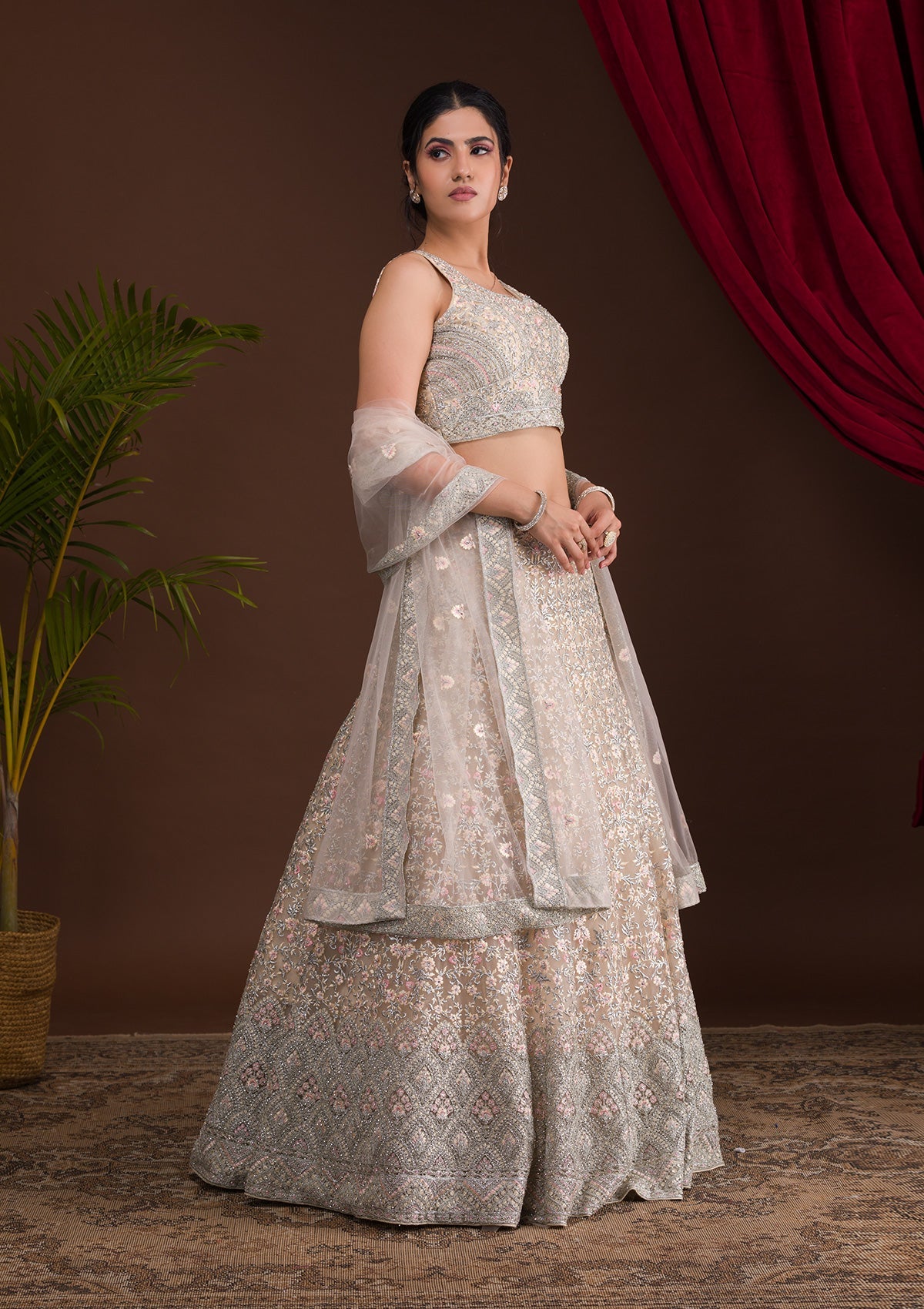 Cream Threadwork Net Readymade Lehenga-Koskii