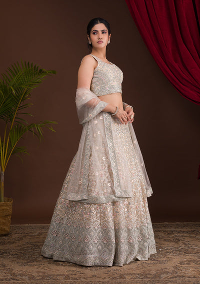Cream Threadwork Net Readymade Lehenga-Koskii