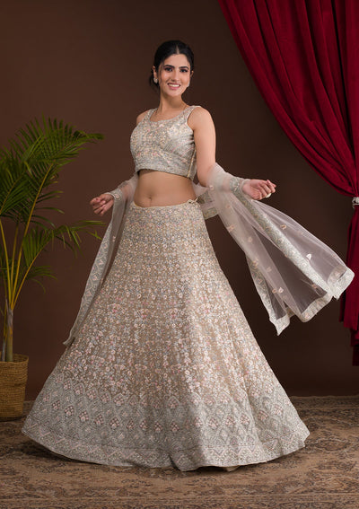 Cream Threadwork Net Readymade Lehenga-Koskii
