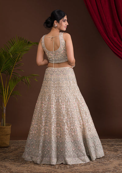 Cream Threadwork Net Readymade Lehenga-Koskii