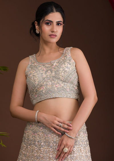 Cream Threadwork Net Readymade Lehenga-Koskii