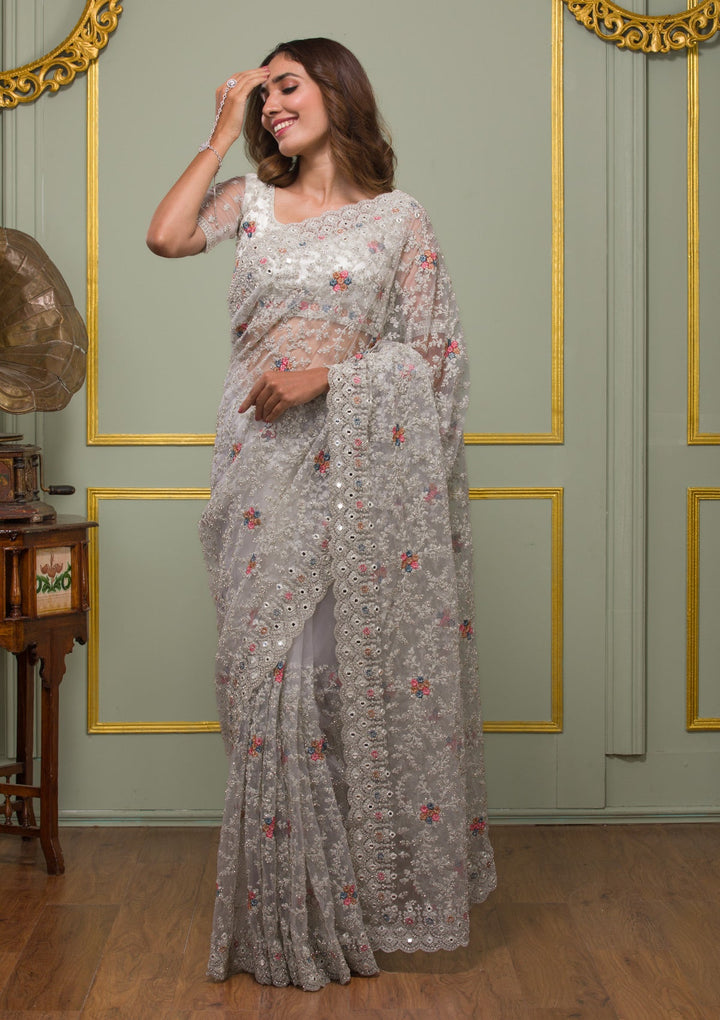 Cream Threadwork Net Saree-Koskii