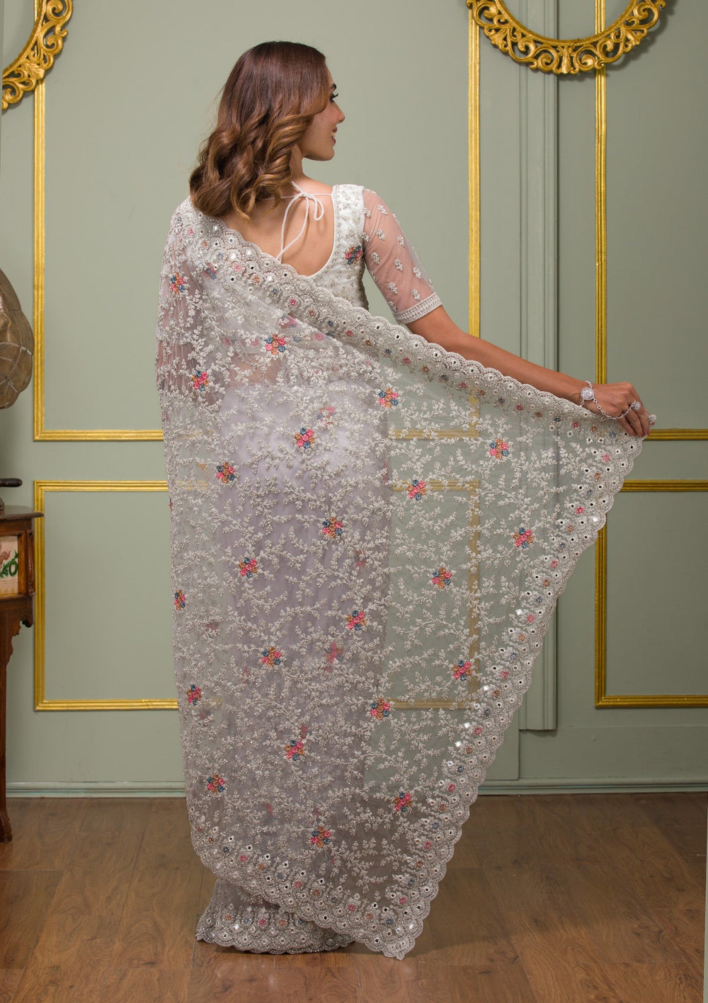 Cream Threadwork Net Saree-Koskii