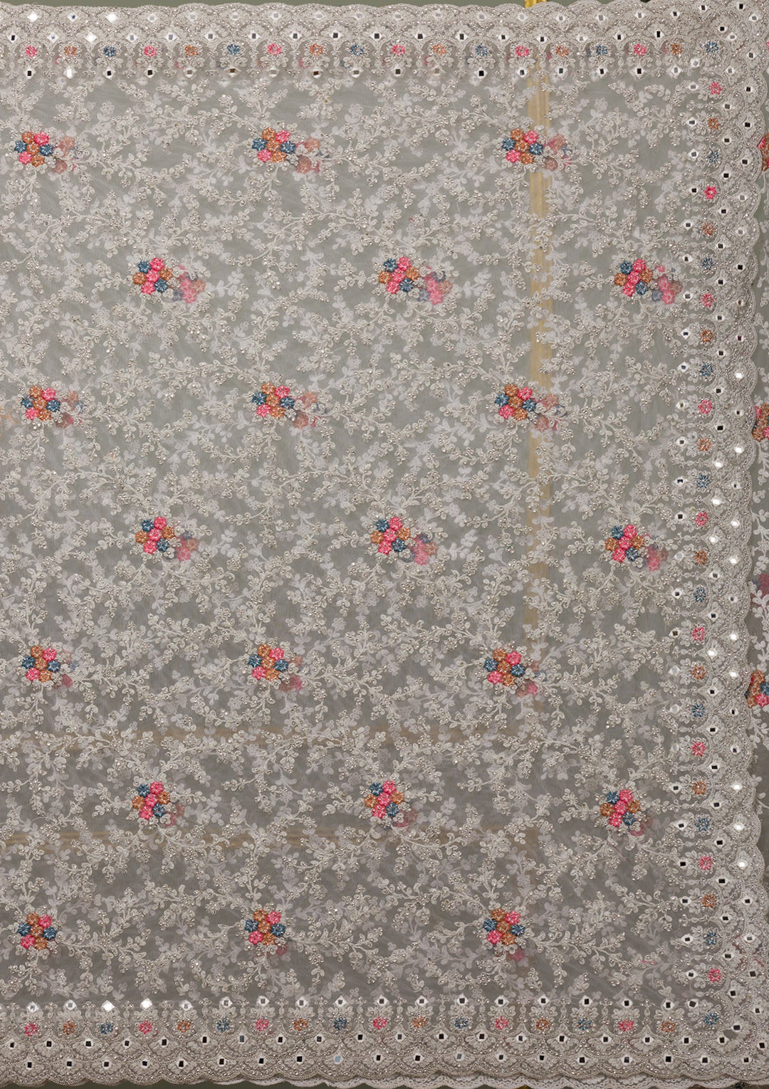 Cream Threadwork Net Saree-Koskii