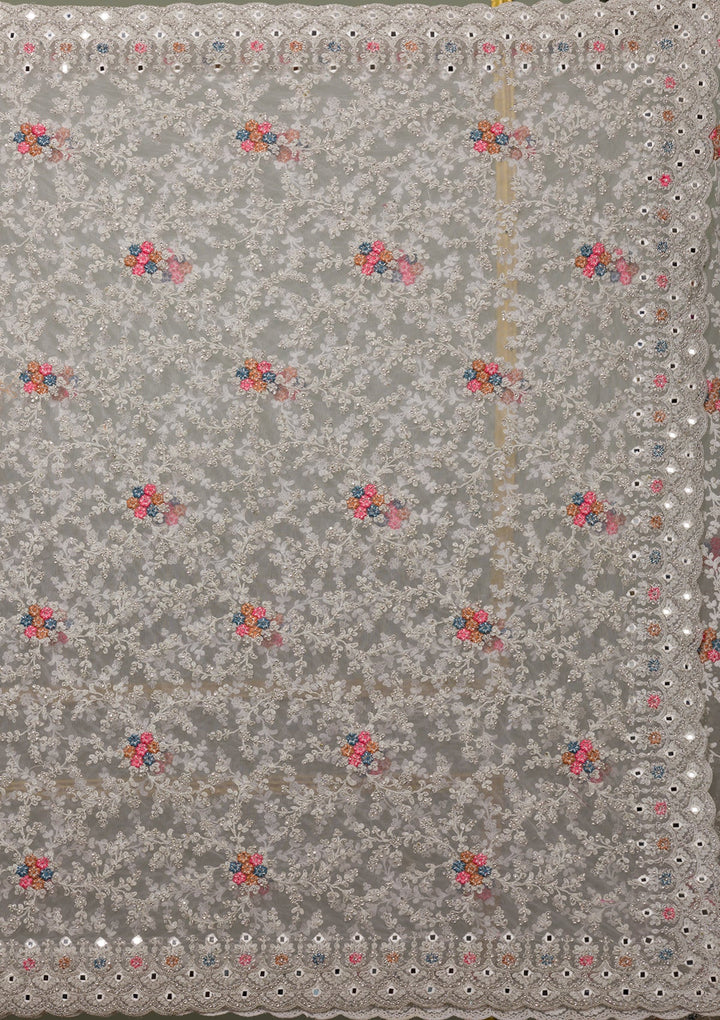 Cream Threadwork Net Saree-Koskii