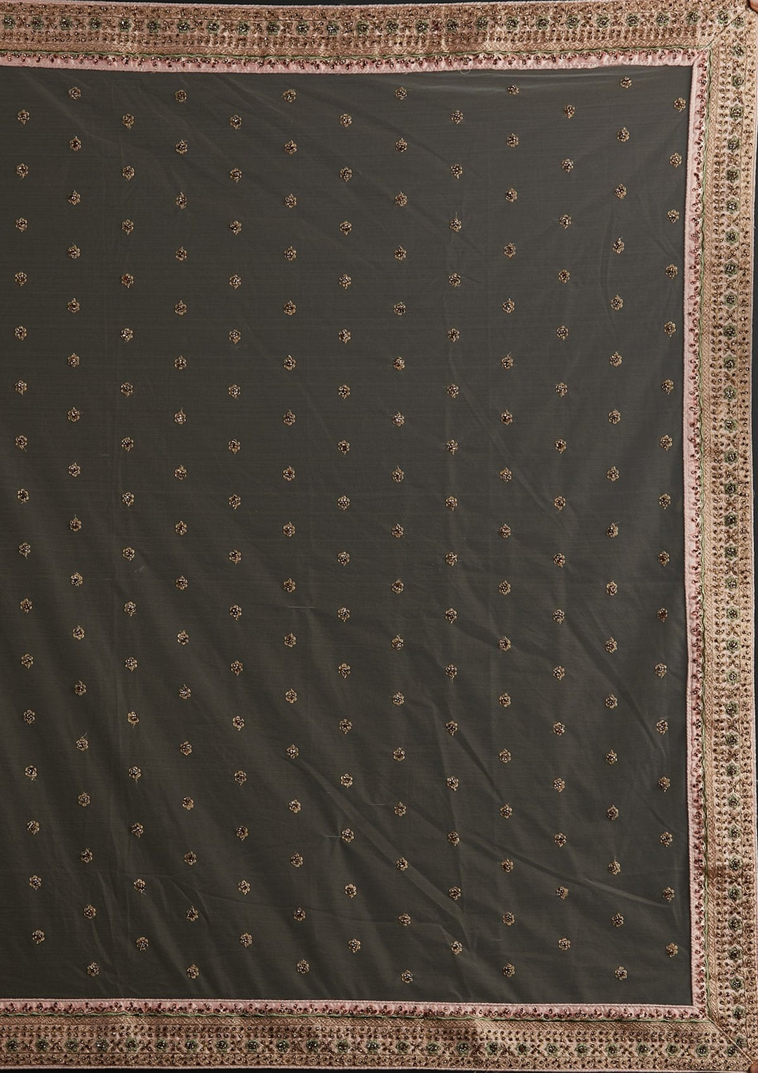 Cream Threadwork Raw Silk Designer Semi-Stitched Lehenga - koskii