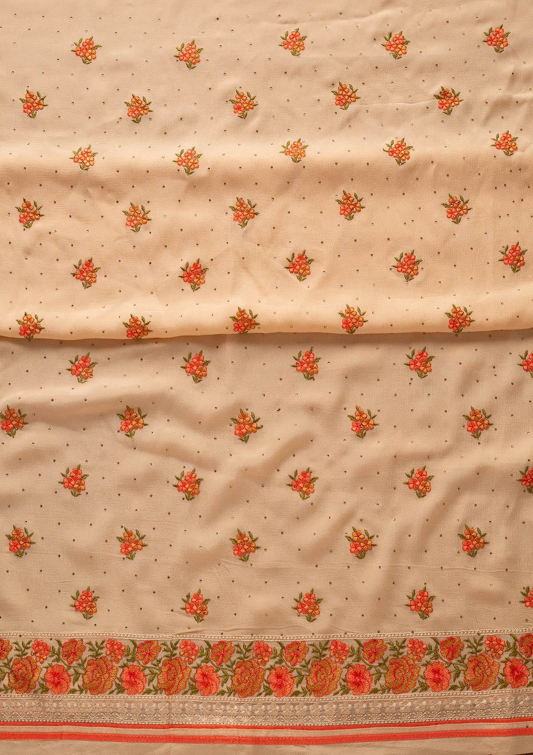 Cream Threadwork Semi Crepe Designer Unstitched Salwar Suit - koskii
