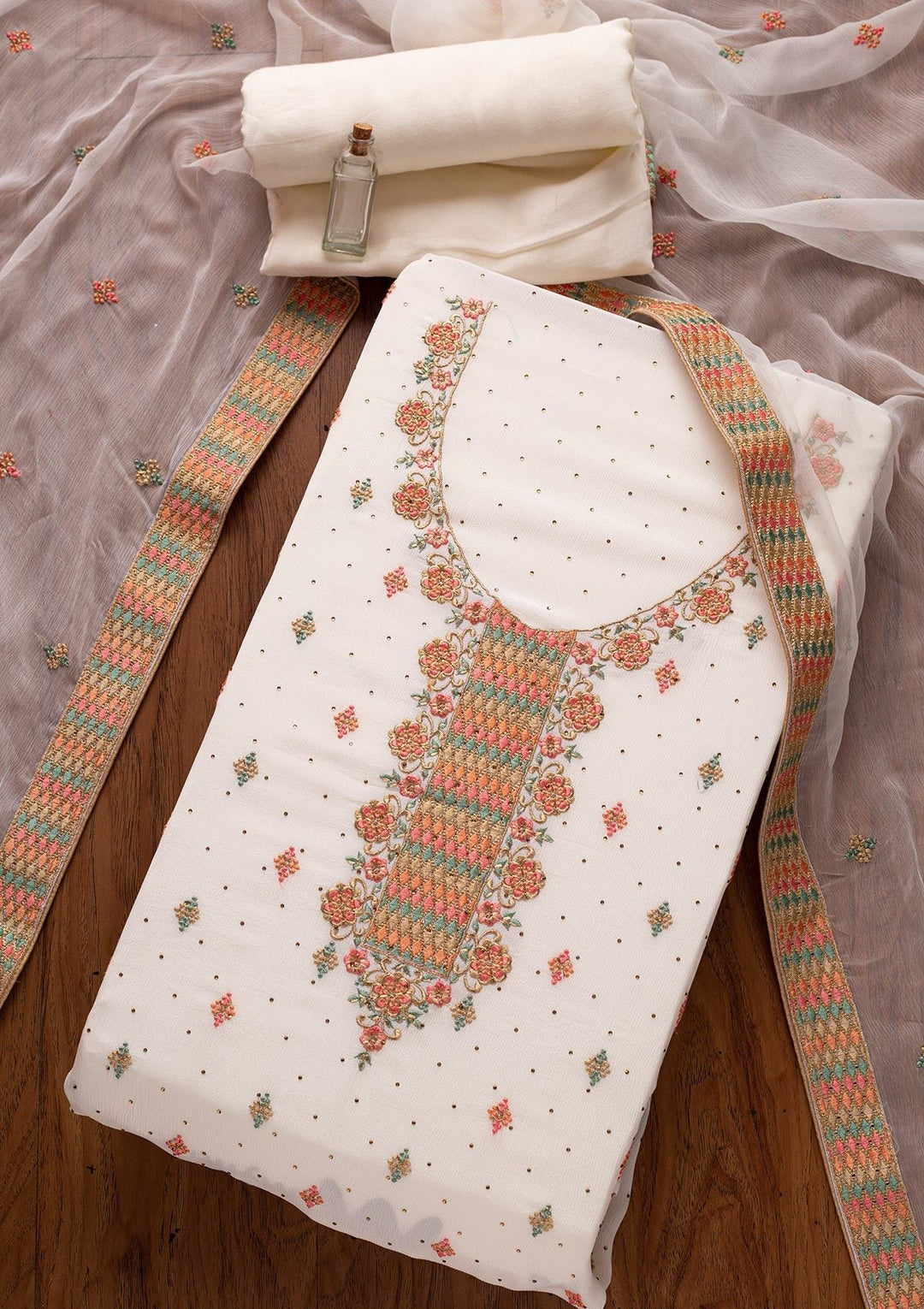 Cream Threadwork Semi Crepe Designer Semi-Stitched Salwar Suit - koskii