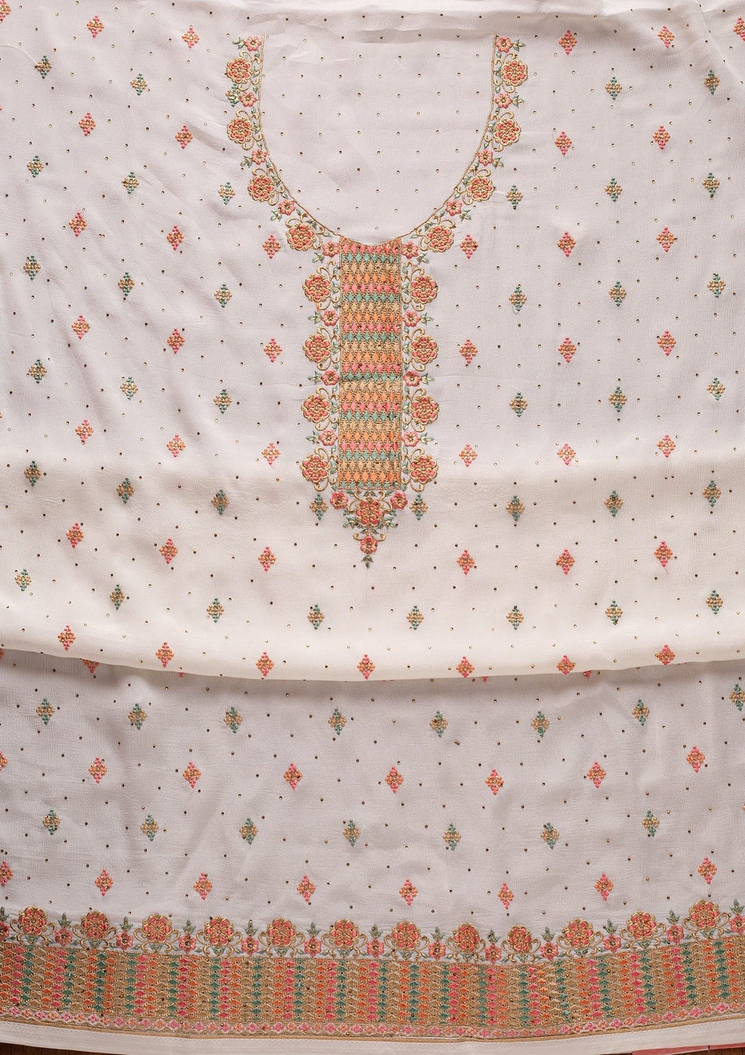 Cream Threadwork Semi Crepe Designer Semi-Stitched Salwar Suit - koskii