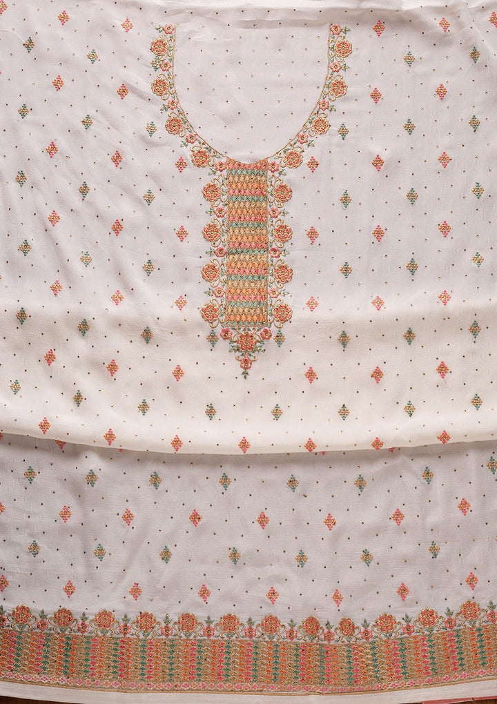 Cream Threadwork Semi Crepe Designer Semi-Stitched Salwar Suit - koskii