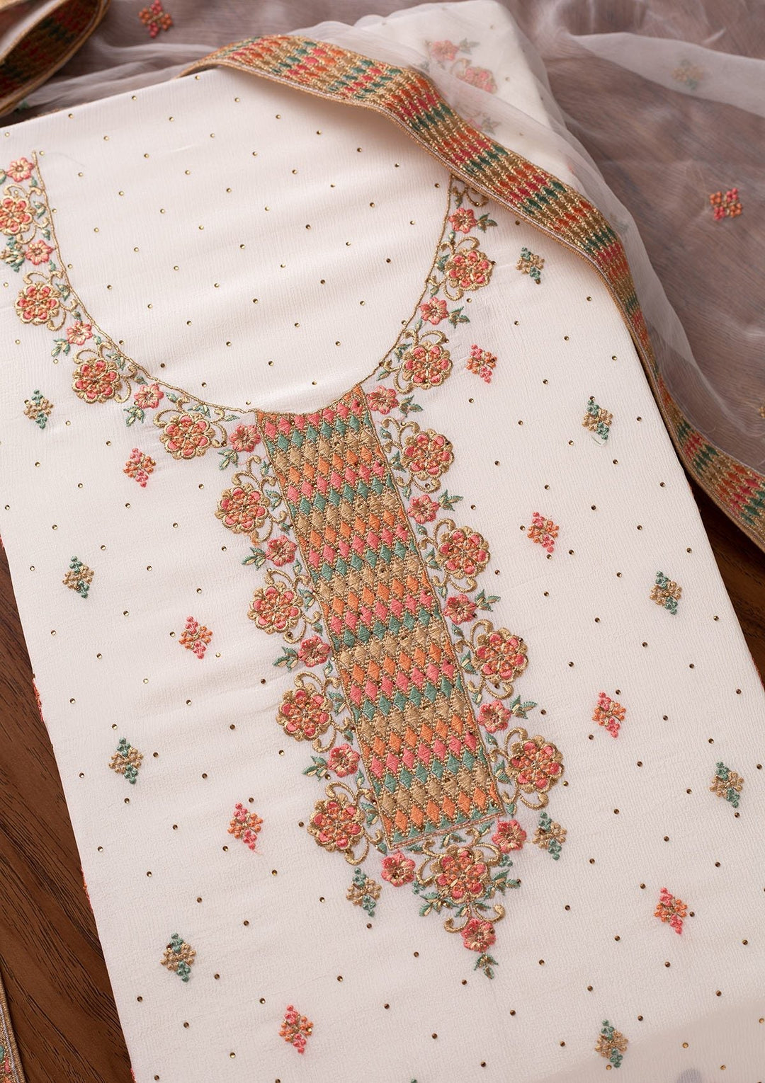 Cream Threadwork Semi Crepe Designer Semi-Stitched Salwar Suit - koskii