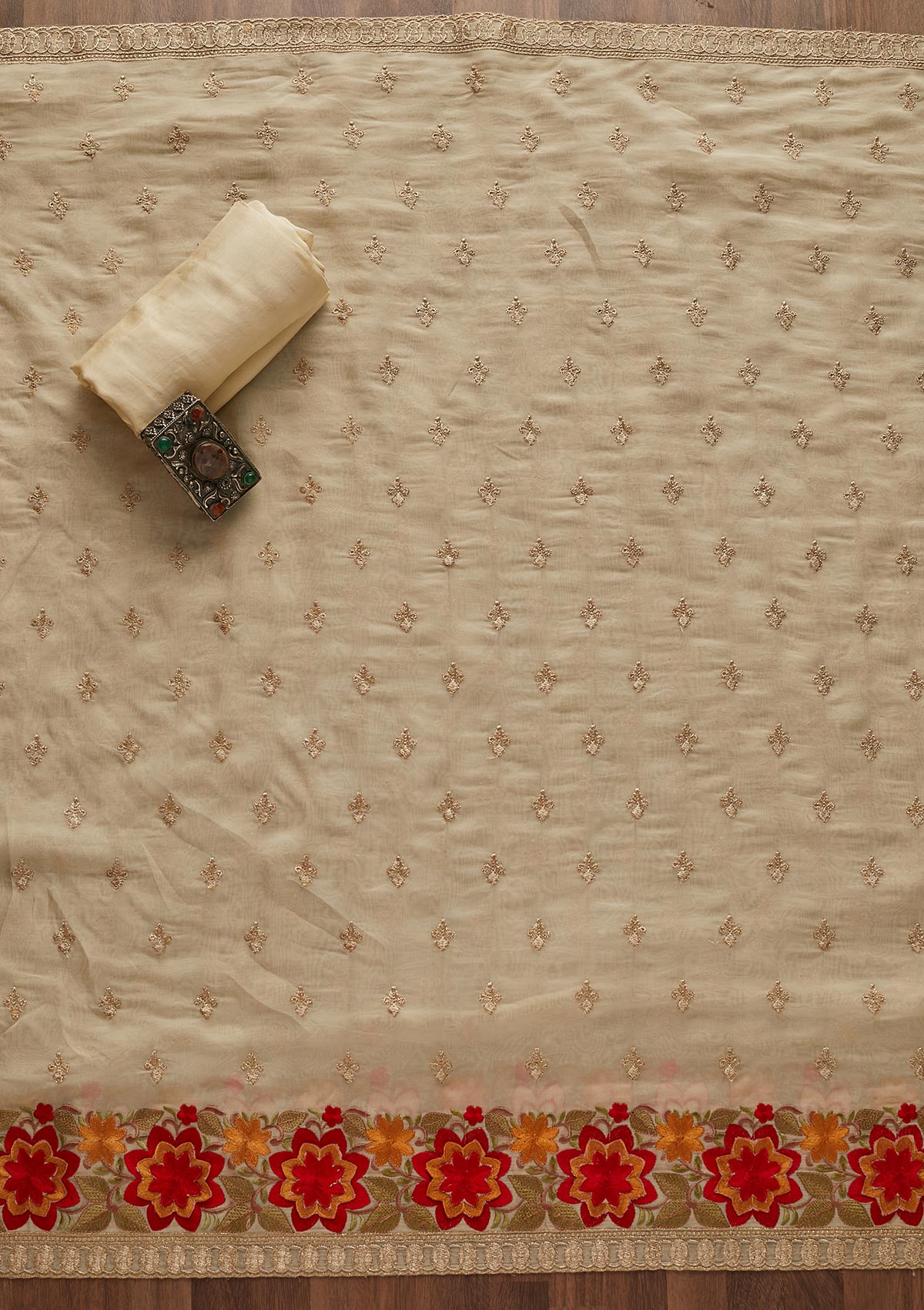 Cream Threadwork Semi Crepe Designer Unstitched Salwar Suit - Koskii
