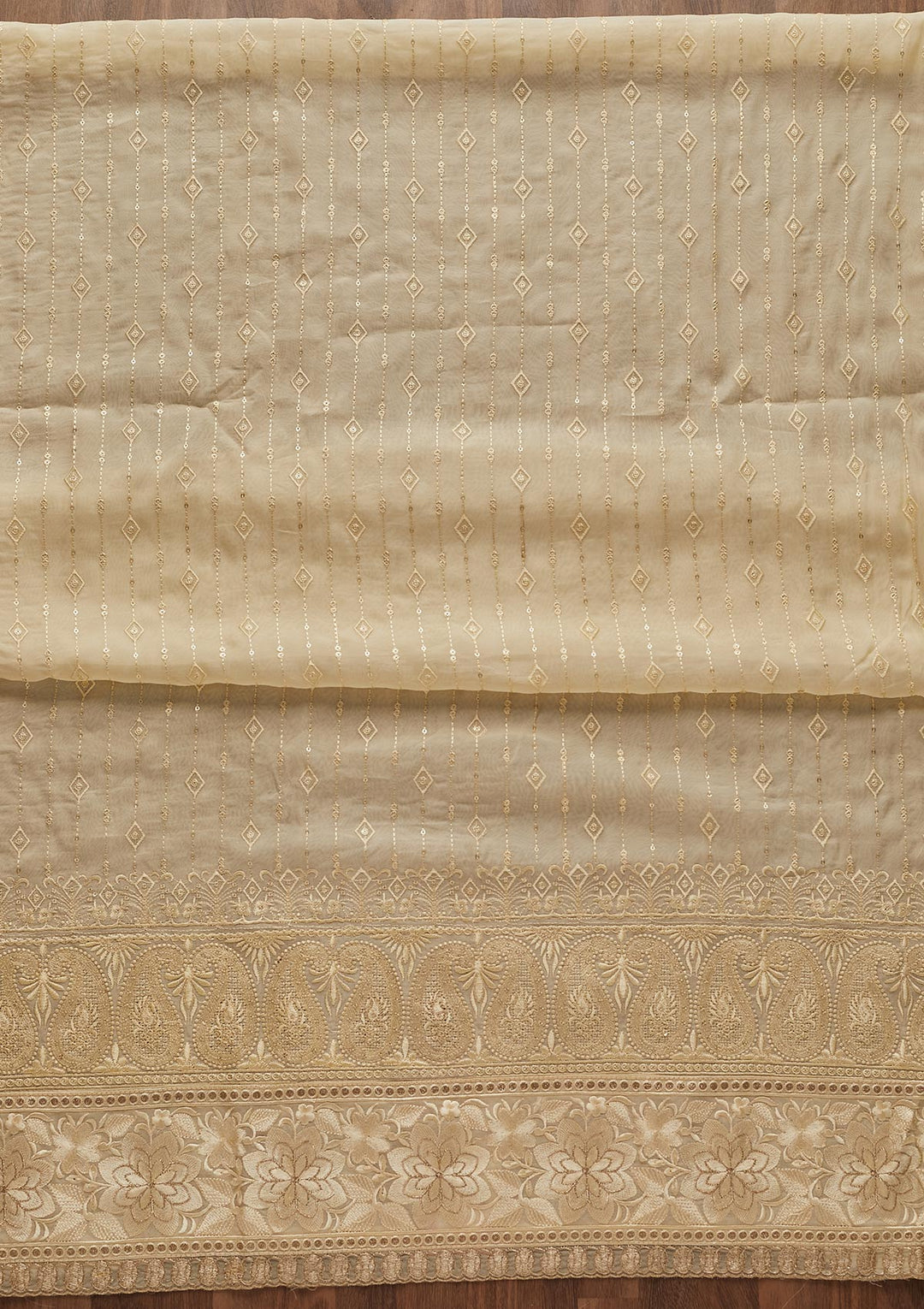 Cream Threadwork Semi Crepe Designer Unstitched Salwar Suit - Koskii