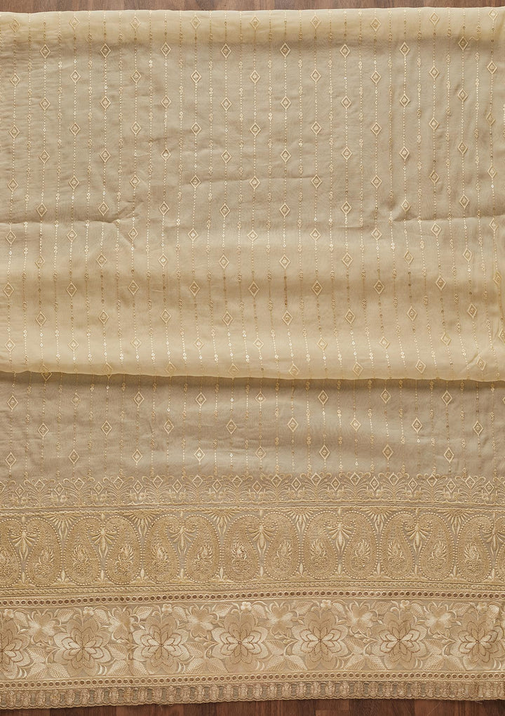 Cream Threadwork Semi Crepe Designer Unstitched Salwar Suit - Koskii