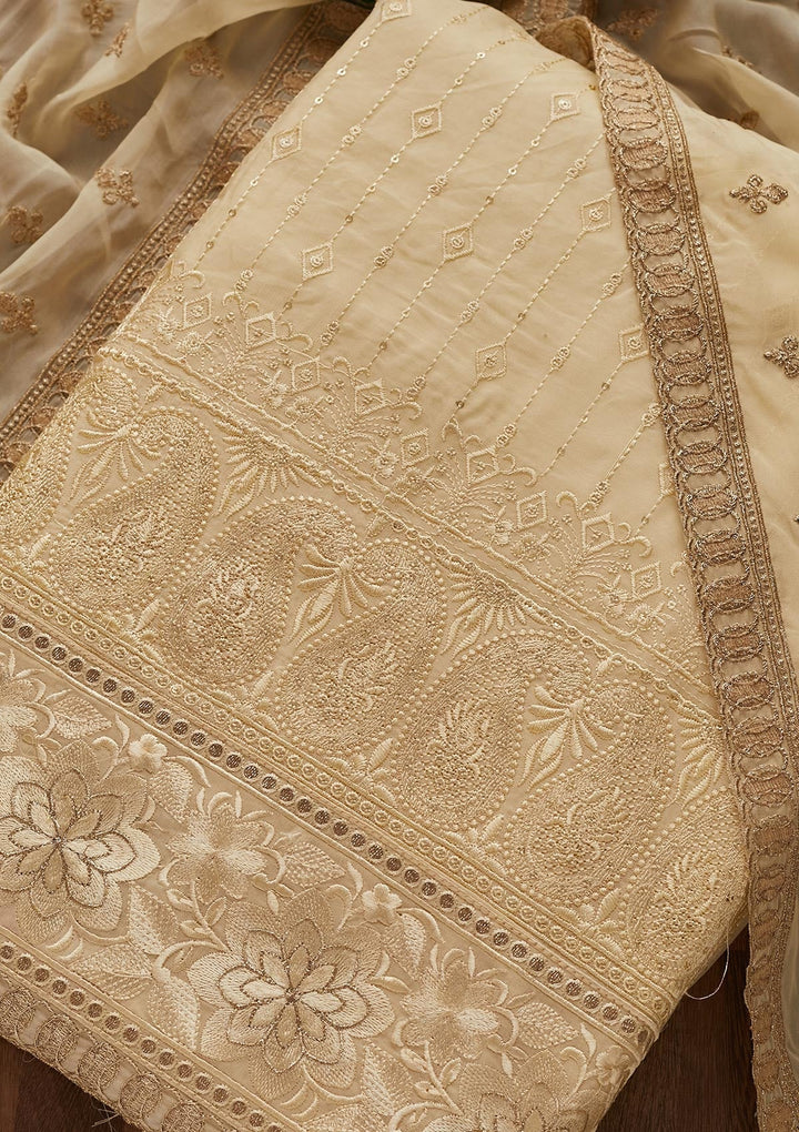 Cream Threadwork Semi Crepe Designer Unstitched Salwar Suit - Koskii