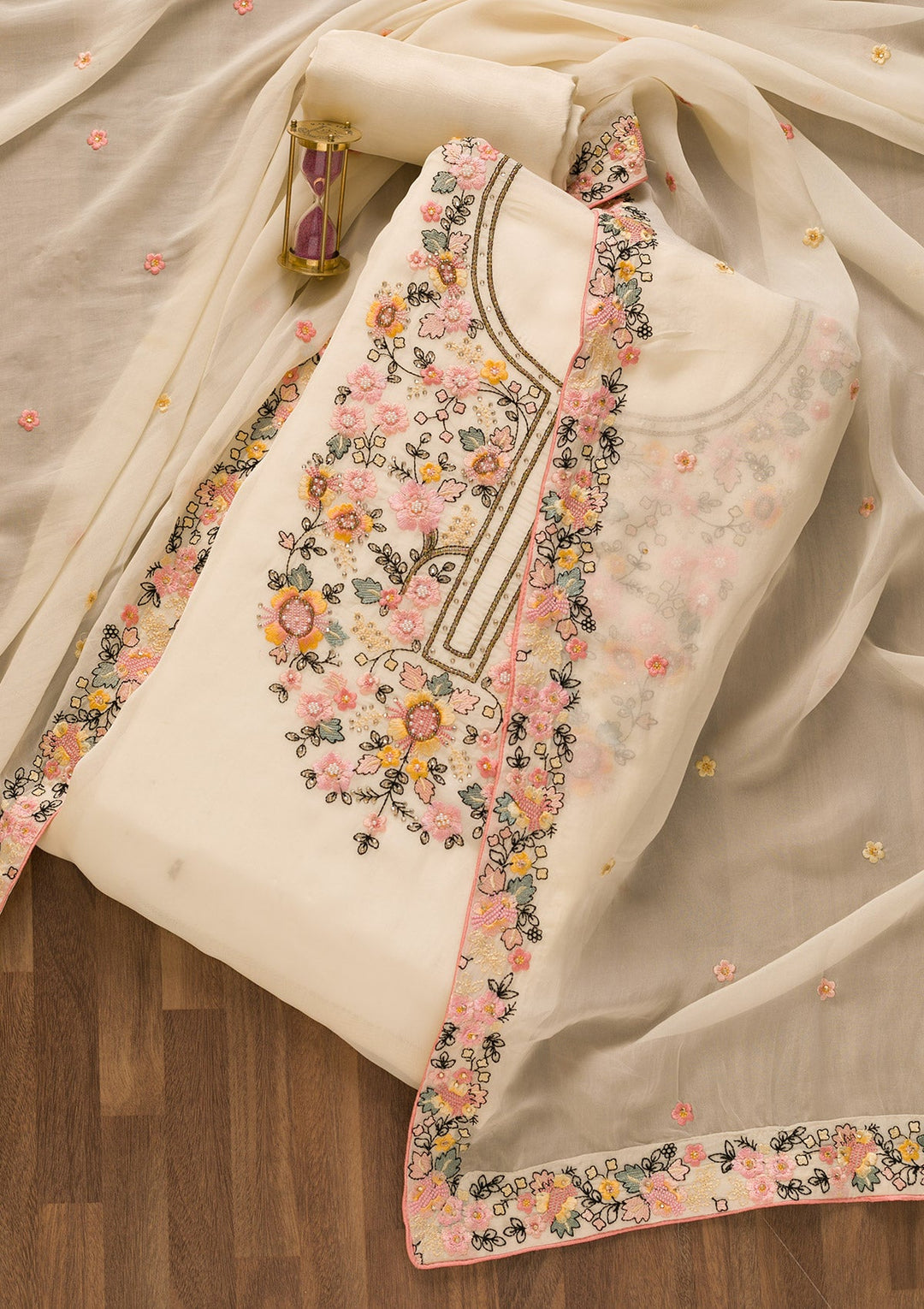 Cream Threadwork Tissue Unstitched Salwar Kameez-Koskii