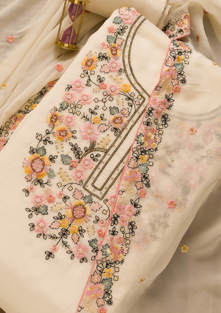 Cream Threadwork Tissue Unstitched Salwar Kameez-Koskii