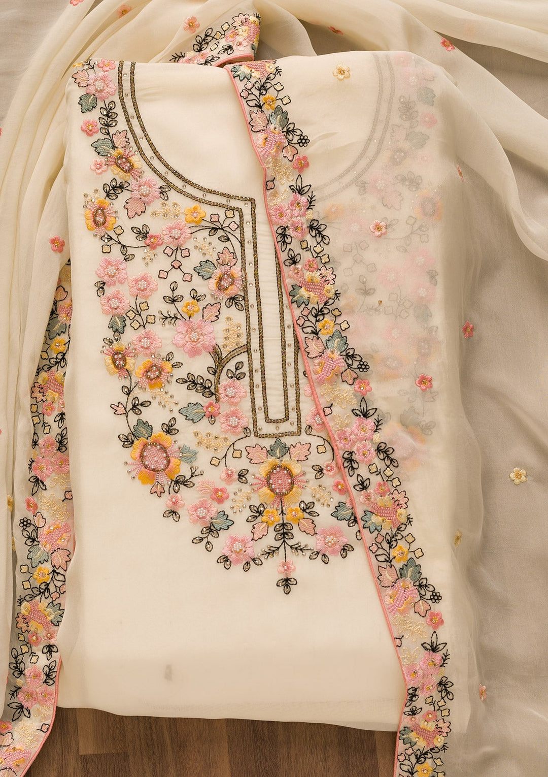 Cream Threadwork Tissue Unstitched Salwar Kameez-Koskii