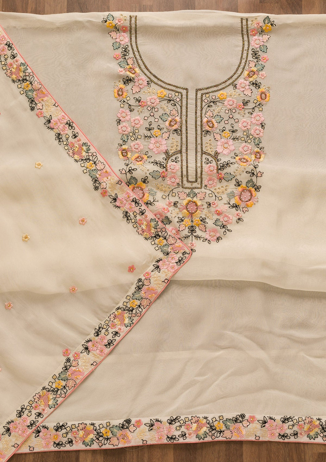 Cream Threadwork Tissue Unstitched Salwar Kameez-Koskii