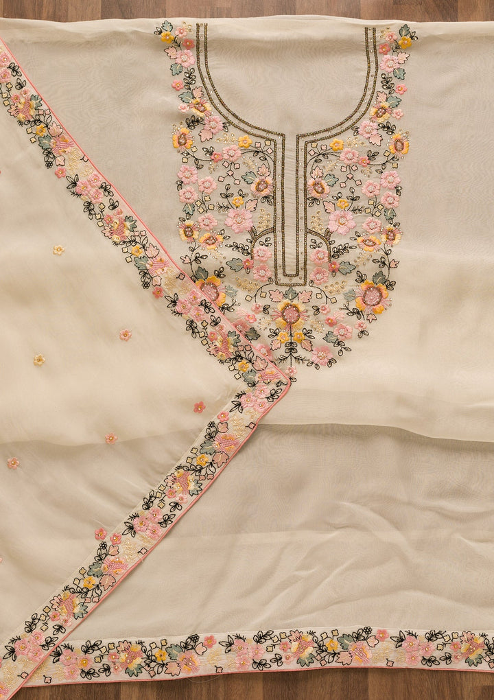 Cream Threadwork Tissue Unstitched Salwar Kameez-Koskii