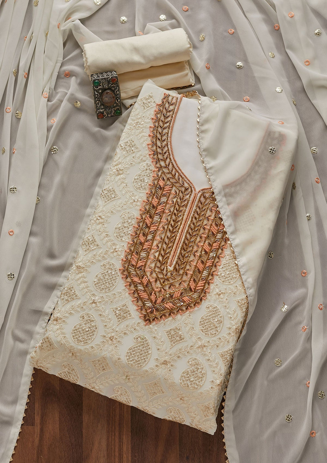 Cream Zardosi Georgette Designer Unstitched Salwar Suit - Koskii