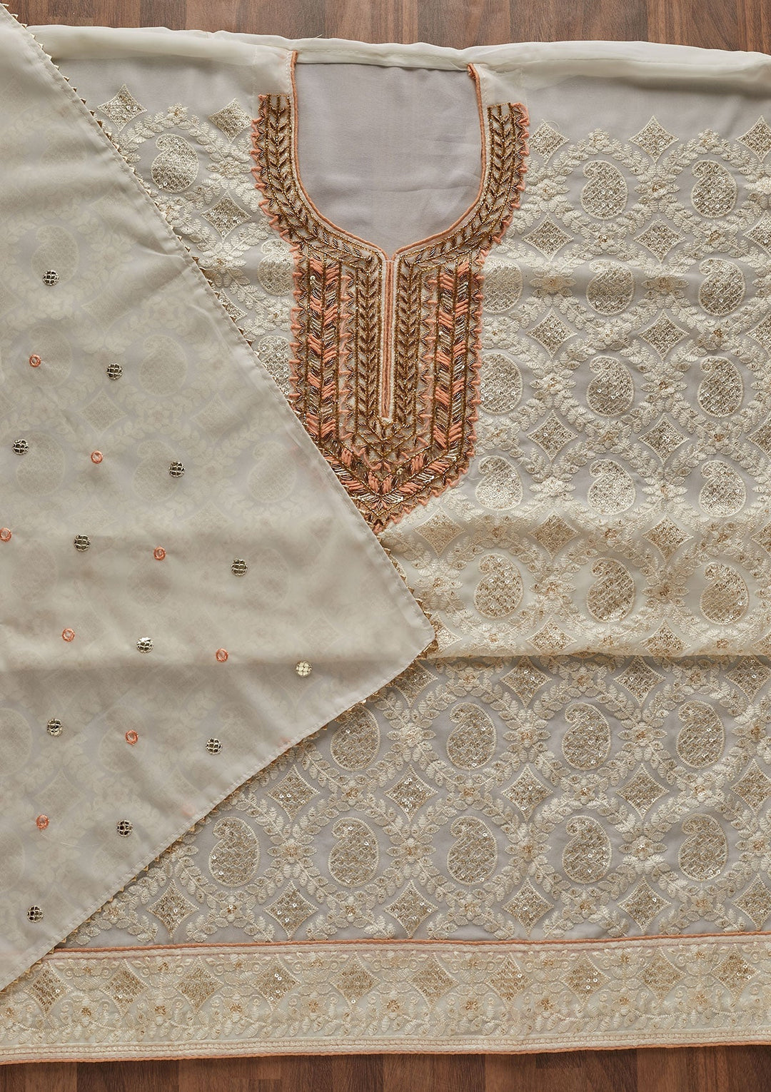 Cream Zardosi Georgette Designer Unstitched Salwar Suit - Koskii