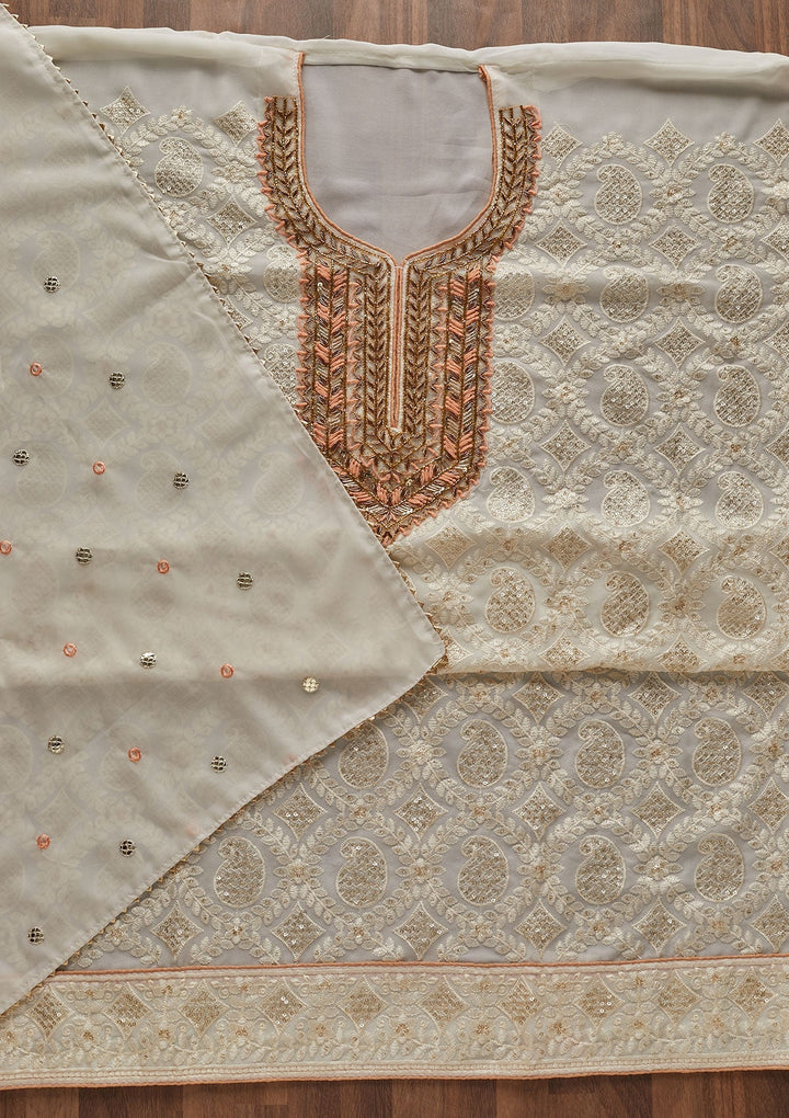 Cream Zardosi Georgette Designer Unstitched Salwar Suit - Koskii