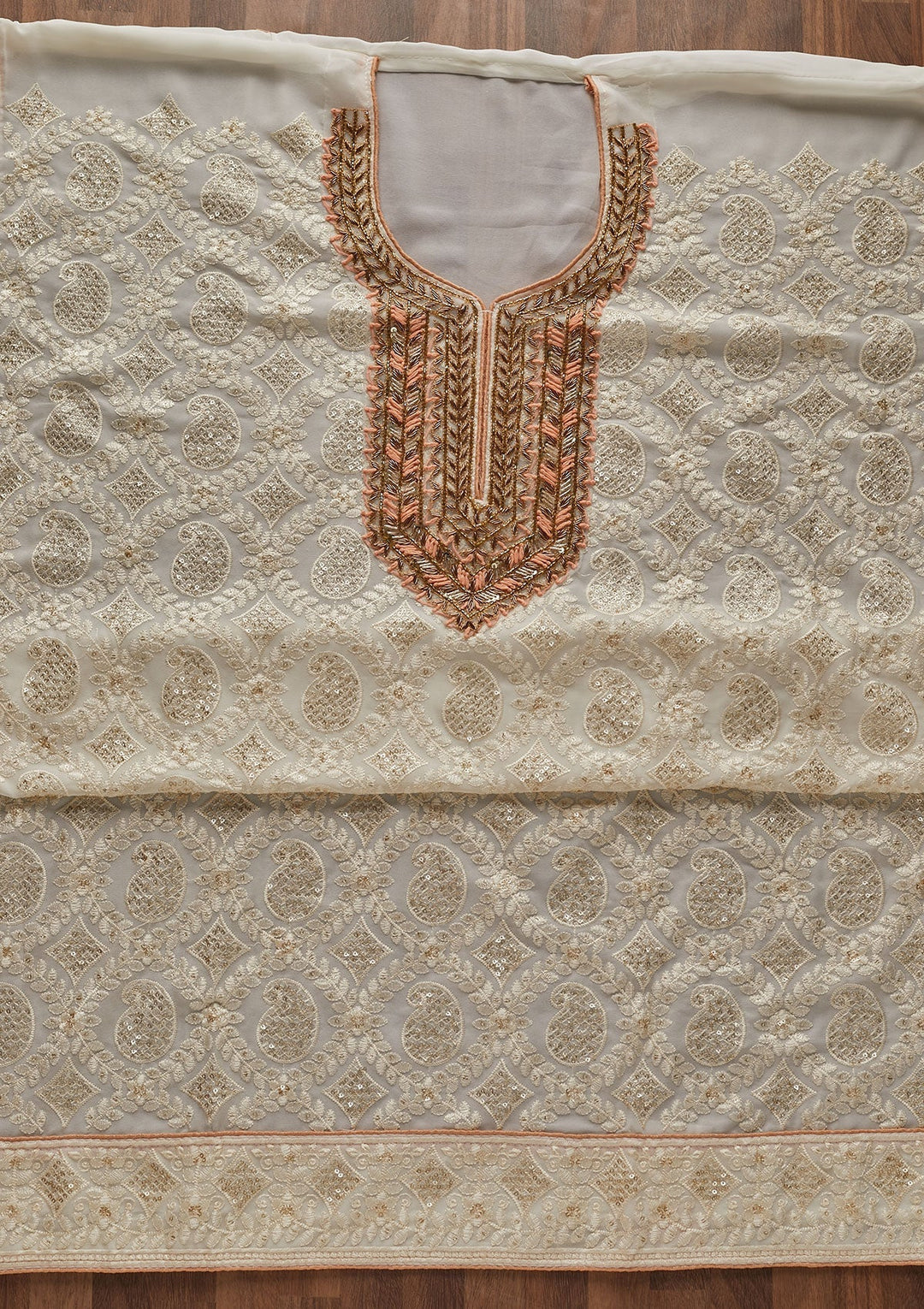 Cream Zardosi Georgette Designer Unstitched Salwar Suit - Koskii